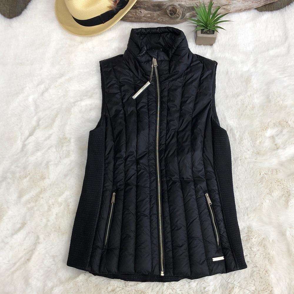 Calvin Klein Black Down Quilted Puffer Vest High Collar & Stretch Side Panels